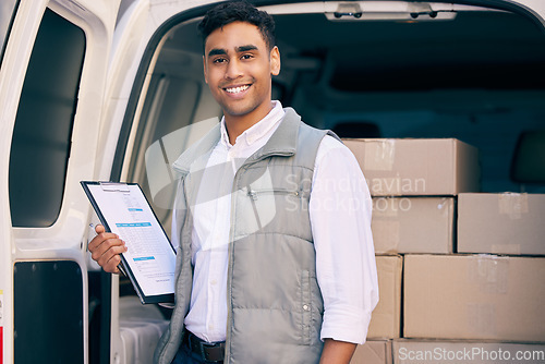 Image of Delivery man, box and working with a checklist in the van, courier service or portrait of employee shipping package. Person, supplier or writing with clipboard, list and logistics of products