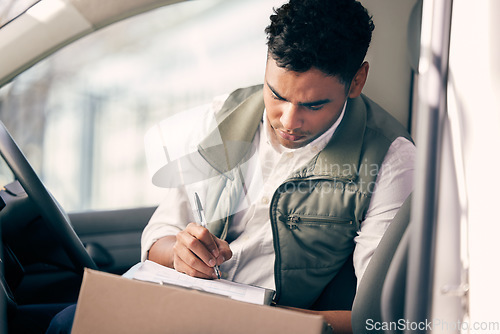 Image of Delivery man, box and working with a checklist in the van, courier service or employee shipping ecommerce package. Person, stock supplier or writing with clipboard, list and logistics of products