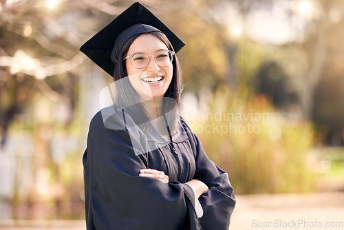 Image of Success, portrait of woman student and on graduation day at her university outdoors. Achievement or graduate, happiness or celebration and female person happy for college education with smile