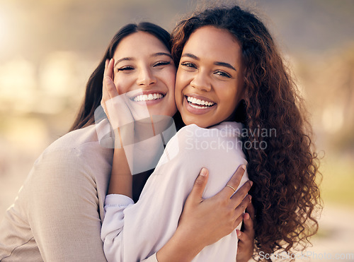 Image of Portrait, lesbian and women outdoor, hug and love with a smile, freedom and sexuality with romance. Face, couple and girls embrace, lgbtq relationship and romantic with support, loving and bonding