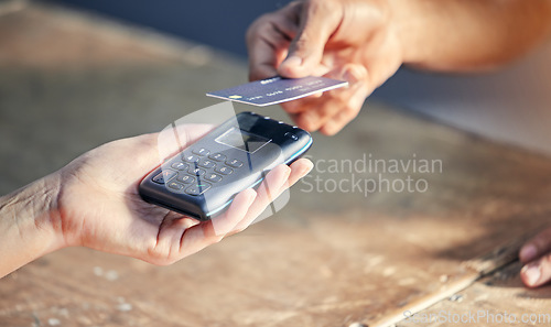 Image of Closeup, hands of person with credit card and wireless pay machine for payment. Subscription or cashier, digital transaction or promotion and customer paying membership with bank information