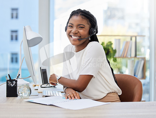 Image of Virtual assistant, portrait or happy black woman in call center tech support consulting for telecom advice. Girl, CRM or friendly customer services agent in telemarketing company smiling with headset