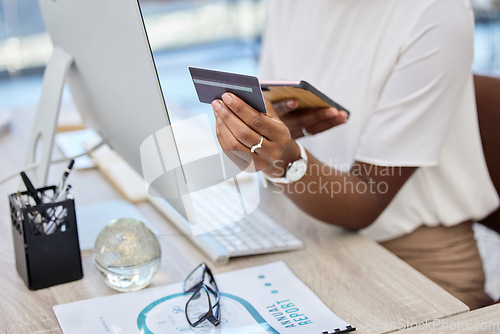 Image of Hands, phone or businesswoman with credit card for money investment on financial digital fintech in office. Mobile app, ecommerce payment or female employee typing banking data for online shopping