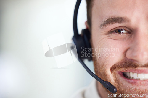 Image of Space, call center and portrait of business man for consulting, customer service and mockup. Contact us, help desk and closeup with face of employee in office for communication and telemarketing