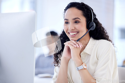 Image of Smile, call center and business woman on computer for telemarketing, customer service and support. Contact us, crm and female sales agent, professional or consultant listening for help desk advisory