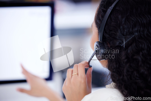 Image of Back, call center and business woman on computer for telemarketing, customer service and mockup screen. Contact us, crm and female sales agent, professional or consultant listening with microphone.