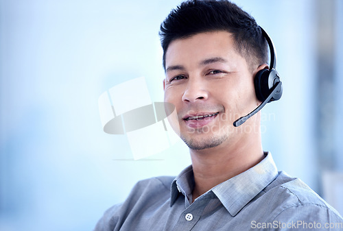 Image of Portrait, call center and business man smile for telemarketing, customer service and support mockup. Contact us, face and male sales agent, crm professional and consultant from Brazil with job pride.