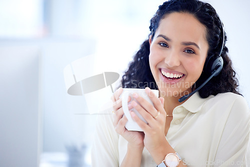 Image of Portrait, call center and woman with coffee for telemarketing, customer service and support. Contact us, face and smile of female sales agent, crm professional and consultant with tea for business.