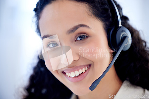 Image of Face, call center and woman smile for telemarketing, customer service and support. Contact us, portrait and female sales agent, crm professional and consultant from Brazil with pride for business.