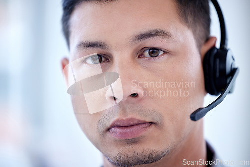 Image of Face, call center and serious man telemarketing, customer service and business support. Contact us, portrait and male sales agent, professional and crm consultant from Brazil with success mindset.