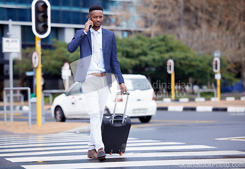 Image of Travel, phone call and suitcase with black man in city for business trip, communication and networking. Journey, flight and luggage with male employee in street for contact, social media and mobile