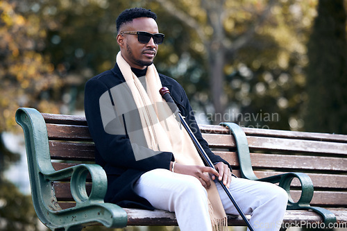 Image of Blind black man, park and sitting with sunglasses, walking stick and relax by trees, peace and thinking. African guy, vintage fashion and young person with disability, glasses and travel in nature