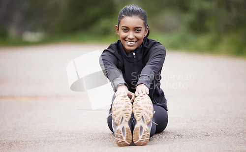 Image of Nature, portrait of woman stretching legs and warm up, workout motivation and fitness mindset with hands on feet. Focus, commitment and girl on floor, leg stretch for outdoor run and exercise goals.