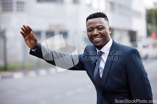 Image of Black man, business portrait and hand for taxi and public transport in city with travel. Urban, African male and professional on a road and street in a suit with happiness and a smile while traveling