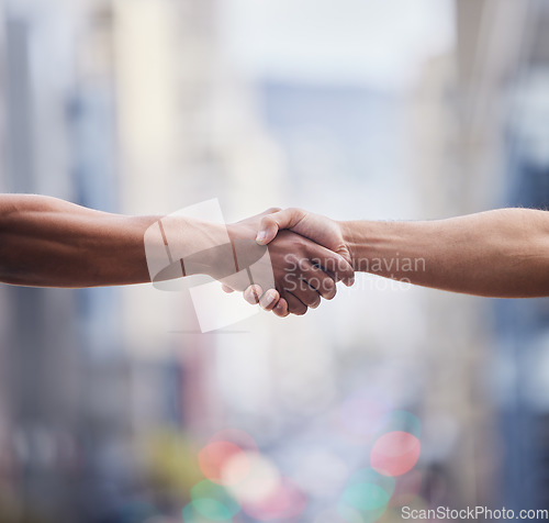 Image of Closeup, handshake and people meeting outdoor for introduction, agreement and support of deal, partnership or welcome. Thank you, greeting and shaking hands for hello, networking and trust of success