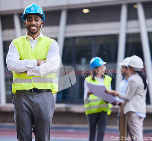 Image of Architect, civil engineering and portrait of happy man with arms crossed for industrial design, construction site and team. Male contractor, infrastructure and project management of property building