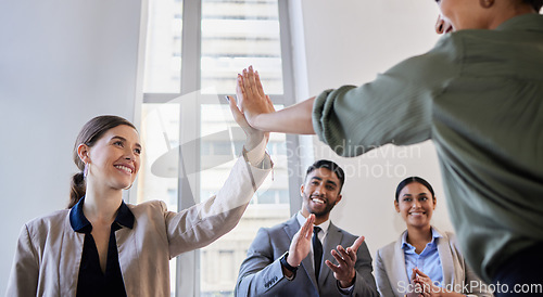 Image of Happy business people, high five and applause for success, teamwork and winning partnership, cooperation and collaboration. Excited employees, celebration and smile for goals, achievement and target