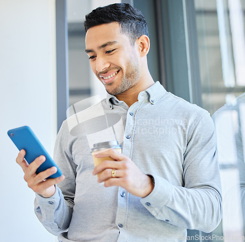 Image of Business man with smartphone, coffee break and social media check, smile at post with communication and tech. Male professional at office, scroll internet and connectivity with hot drink and app