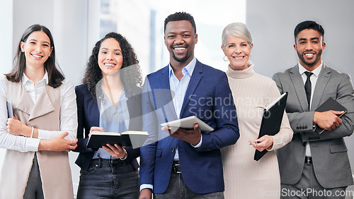 Image of Business people, group portrait and diversity in finance agency, smile and ready for meeting. Confident men, women and pride for teamwork, financial management or tech for solidarity in modern office