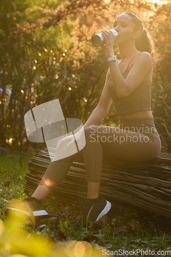 Image of Fitness, woman and drinking water in nature on break for sustainability, healthy wellness or exercise. Calm female person, athlete or runner with drink for hydration after cardio workout in forest