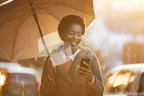 Image of Smile, umbrella and black woman with a smartphone, typing and connection for social media, network or sms. Female person outdoor, rain or girl with a cellphone, mobile app or chatting with insurance