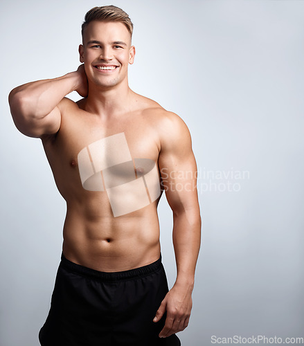 Image of Portrait, happy man and bodybuilder with abs on studio background, backdrop and topless pride on mockup. Strong male model, sexy sports athlete and smile for fitness, personal trainer and confidence