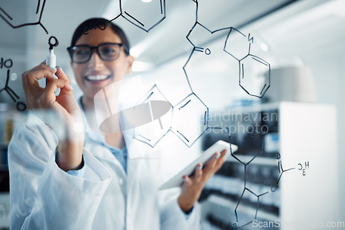 Image of Science, equation and woman writing chemistry formula for medical research, analysis and medicine on tablet. Healthcare, pharmacy and happy female scientist with digital tech write solution in lab