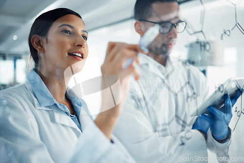 Image of Science, formula and scientists writing chemistry equation for medical research, analysis and solution. Healthcare, teamwork and man and woman write on glass for medicine development in laboratory