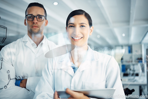 Image of Science, team and portrait of doctors with digital tablet for collaboration, innovation and solution in lab. Healthcare, teamwork and face of medical expert people online in a laboratory for research