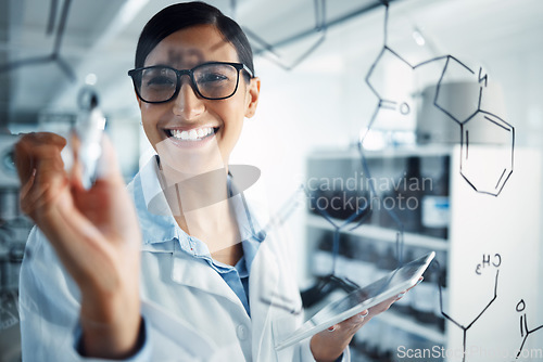 Image of Science, formula and woman with tablet for chemistry equation for medical research, analysis and solution. Healthcare, pharmaceutical and happy female scientist with digital tech writing on glass