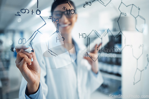 Image of Science, formula and woman writing chemistry equation for medical research, analysis and solution. Healthcare, pharmaceutical and happy female scientist with tablet write on glass wall in laboratory