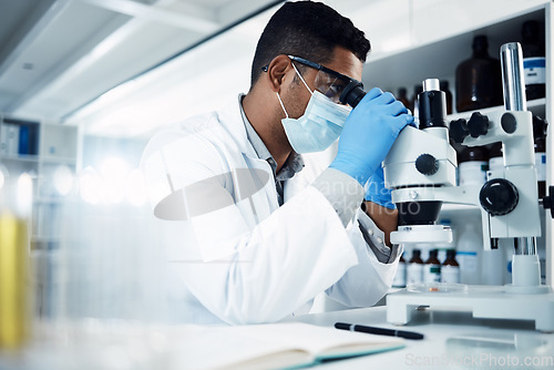 Image of Man, scientist and microscope, analysis and check DNA sample with science experiment in laboratory. Male doctor with mask, gloves and analyze data with scientific innovation and medical research