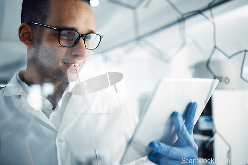 Image of Science, tablet and man with formula for research, medical development and solution in laboratory. Healthcare, biotechnology and male scientist with digital tech for medicine, analysis and results