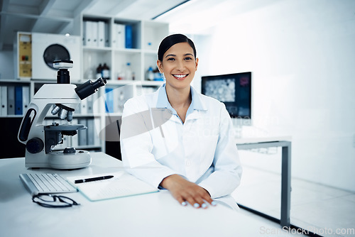 Image of Science, portrait and woman with microscope in laboratory for medical research, analysis and test. Healthcare, biotechnology and face of female scientist with equipment for study, sample and medicine