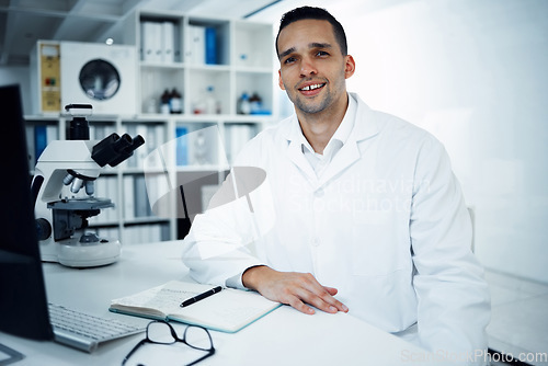 Image of Science, scientist and portrait of man in laboratory for medical research, analysis and dna test. Healthcare, biotechnology and male chemist with equipment and notebook for study, medicine and virus