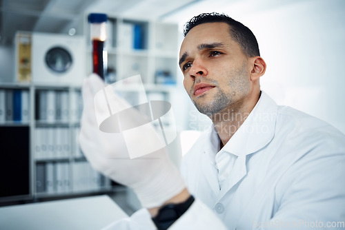 Image of Man, scientist and analysis of blood in test tube, DNA and science experiment in laboratory. Male doctor with gloves, study sample and forensics, scientific innovation and medical research in lab