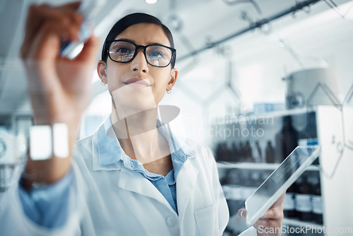 Image of Science, equation and woman with tablet for chemistry formula for medical research, analysis and solution. Healthcare, pharmaceutical and female scientist with digital tech writing ideas on glass