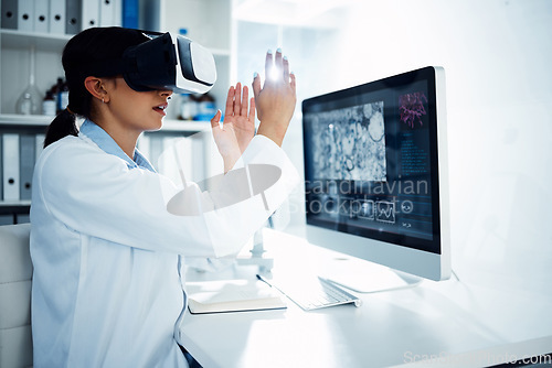 Image of Woman, scientist and VR goggles with metaverse, futuristic tech and computer screen, science innovation in lab Virtual reality, simulation and digital data, scientific experiment and female doctor