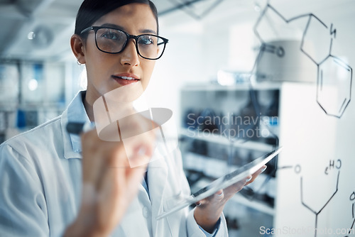 Image of Woman with tablet, scientist and glass board, formula and equation with problem solving and scientific study in lab. Female doctor writing, chemistry and science innovation with medical research