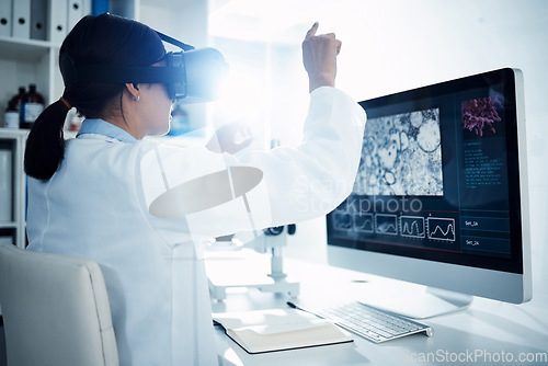 Image of Woman, scientist and VR goggles with metaverse, computer screen with futuristic tech and science innovation in lab. Virtual reality, digital data and UX with scientific experiment and female doctor