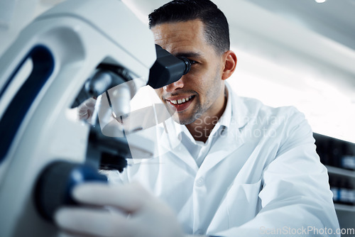 Image of Science, research and man with microscope in laboratory for medical analysis, innovation and dna test. Healthcare, biotechnology and male scientist with equipment for study, virus sample and medicine