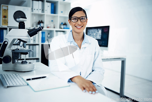 Image of Science, laboratory and portrait of woman with notebook for medical research, analysis and writing notes. Healthcare, biotechnology and female scientist with microscope for study, sample and test