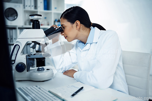 Image of Microscope, science and woman in laboratory for medicine research, analysis and dna testing. Healthcare, biotechnology and female chemist with medical equipment for study, sample and examine virus