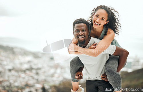 Image of Happy couple in portrait, piggyback and hiking outdoor with smile and fitness with interracial people. Mockup space, workout together and trekking, black man with woman and happiness in relationship