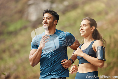 Image of Running, park and couple of friends training for sports and health outdoor. Fitness, workout and sport wellness run of young runner people together in nature with athlete exercise and race cardio