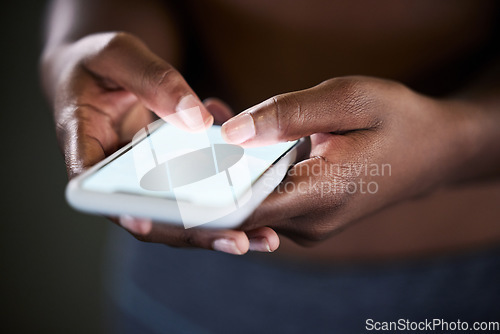 Image of Mock up, phone screen or hands of person at gym on digital app for fitness workout or tracking training. Mockup space, typing or athlete online on social media to scroll for health tips or research