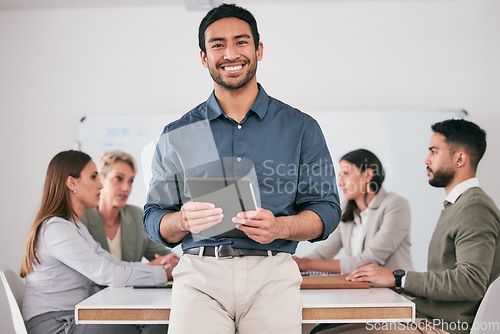 Image of Tablet, business meeting and portrait of man or manager with employees engagement, b2b planning and agenda or schedule. Leadership, management and happy asian person on digital technology in office