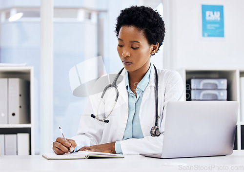 Image of Medical, writing and doctor with black woman and schedule for planning, expert and research. Medicine, healthcare and report with employee and notebook in clinic for consulting, results and study