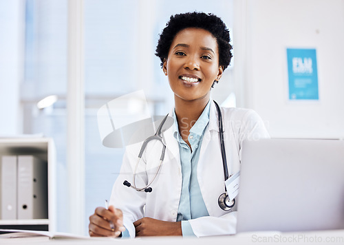 Image of Medical, notebook and doctor with portrait of black woman for planning, schedule and research. Medicine, healthcare and report with employee writing in clinic for consulting, results and study