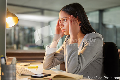 Image of Headache, stress and computer of business woman burnout, fatigue or mental health problem in night office. Migraine, anxiety and tired or sad person with news on desktop mistake, wrong email or fail